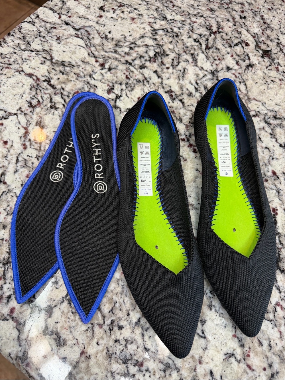 Rothy's Black Pointed Knit Flats with Blue Trim and Lime Green Insoles